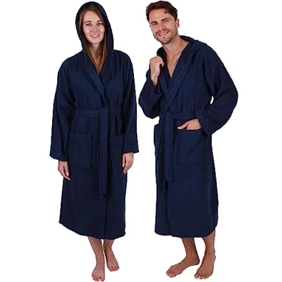 Afbeelding van Betz Fulda Badjas met capuchon, katoen, voor dames en heren, badjas, lange saunajas, Donkerblauw