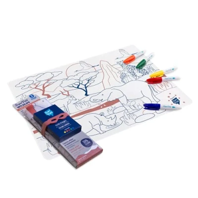 Afbeelding van SUPER PETIT Educatief spel Placemat om in te kleuren Kleurplaten met savanne thema 5 viltstiften en armband inbegrepen Gemakkelijk schoon maken Herbruikbaar Antibacterieel Vanaf 3