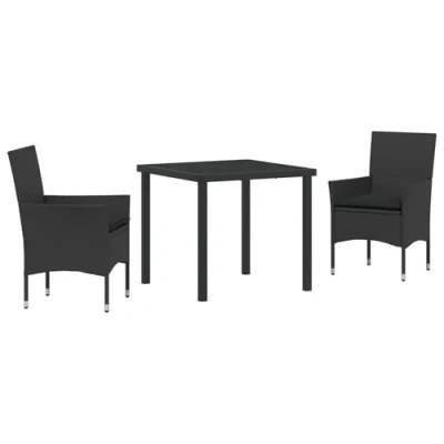 Afbeelding van vidaXL 3 Delige Tuin Eetset met Kussens Zwart Poly Rattan, Tafel 80x80x73 cm Gehard Glas