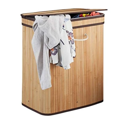 Afbeelding van relaxdays bamboe wasmand met deksel 2 vakken 70 L Naturel
