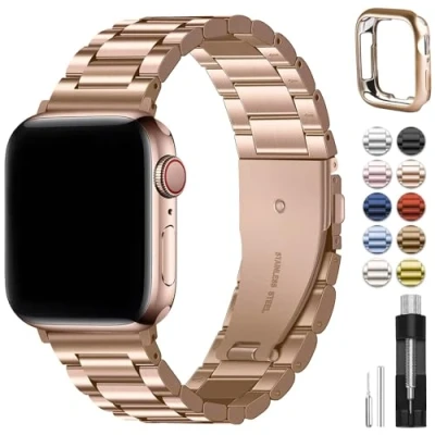 Afbeelding van Fullmosa Compatibel met Apple Watch Band 42mm/44mm/45mm/49mm, roestvrijstalen horlogeband voor iWatch/Apple Ultra/SE/SE2, Series 8/7/6/5/4/3/2/1, 42mm/44mm/45mm/49mm Rose goud