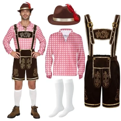 Afbeelding van Spooktacular Creations Duitse Oktoberfest herenkostuumset van rode plaid voor gemaskerd Halloween feest en bierfestival
