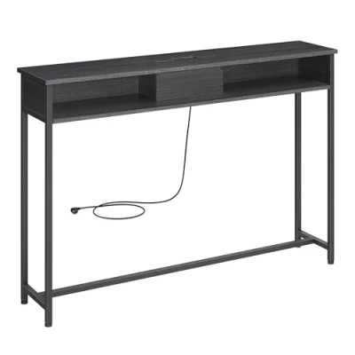 Afbeelding van VASAGLE LNT111B01 Consoletafel met stopcontacten, bijzettafel 2 vakken, smal, 25 x 120 81 cm, ruimtebesparend, voor entree, woonkamer, antracietgrijs en inktzwart