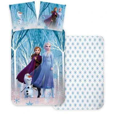 Afbeelding van Beddengoed Frozen Forest, 100% katoen, omkeerbaar dekbedovertrek 140 x 200 cm + kussensloop 65 cm, Frozen, met Elsa, Anna en Olaf
