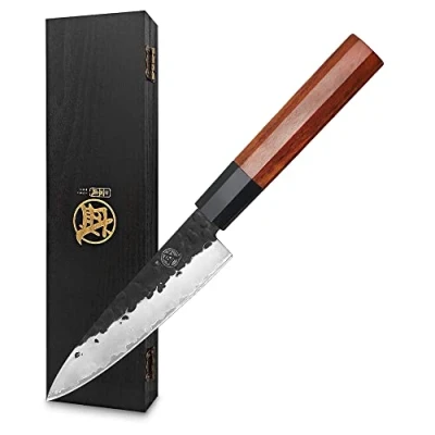 Afbeelding van MITSUMOTO SAKARI Japans mes van 14 cm, fruitmes koolstofstaal, klein professioneel keukenmes met de hand gesmeed (rozenhandvat en geschenkverpakking)