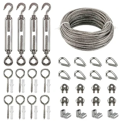Afbeelding van Roestvrij staalkabel 20 m Met spanner Haak M5 + oog Oogschroeven Draadkabelklemmen en aluminium touwklemmen Hulp voor klimplanten