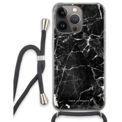 Afbeelding van Case Company® hoesje met Koord geschikt voor iPhone 13 Pro Zwart Marmer Telefoonhoesje Extra Bescherming aan alle Kanten en Over de Schermrand