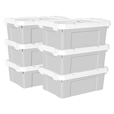 Afbeelding van 15L x 6 plastic opbergdoos draagtas organizer bakken met heavy duty deksel en veilige vergrendeling gespen stapelbaar pak van grijs gesp