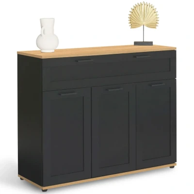Afbeelding van Buffet VITO 3 portes et 1 tiroir noir plateau bois 100 cm