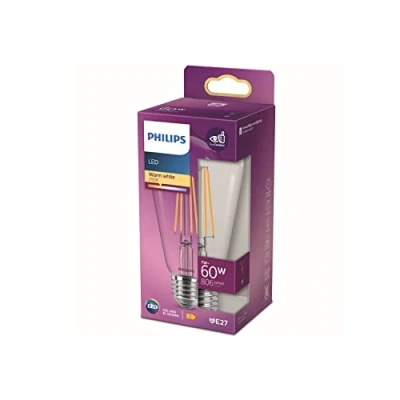 Afbeelding van Philips Led lamp Edison, warmwit licht, E27 60 W, transparant, energiezuinige ledverlichting, gloeidraadlamp