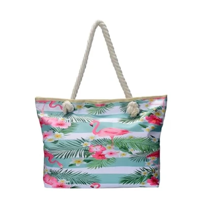 Afbeelding van Groen/blauw flamingo grote strandtas Schoudertas met ritssluiting Shopper
