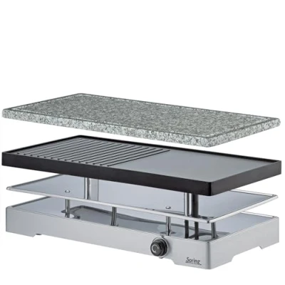 Afbeelding van Spring RACLETTE8 Classic Duo Raclette voor 8 personen, elektrische tafelgrill, grillplaat van aluminium met antiaanbaklaag en granieten kookplaat sapgoot, pannen