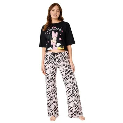 Afbeelding van Disney Damespyjama, pyjamaset voor dames, top, crop baggy en wijd uitlopend, maten volwassenen, jongeren, S XL