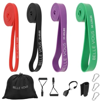 Afbeelding van Belle Vous Set van 4 Oefenings Weerstandsbanden en Draagtas Weerstand Niveaus voor Kracht Training, Rekken, Yoga, Pilates of Huis Gym Huidvriendelijke Fitness Workout Banden Heren Dames
