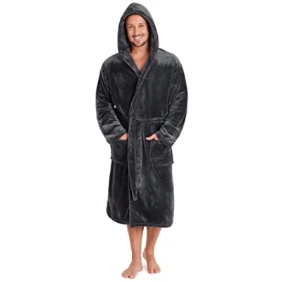 Afbeelding van Badjas voor heren van superzacht fleece met capuchon, warm en comfortabel, Houtskool