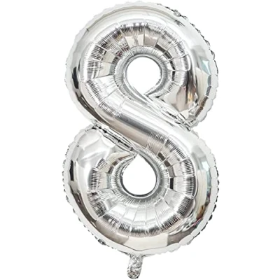 Afbeelding van Verjaardagsballon 8 jaar zilver 101 cm ballon cijfer decoratie verjaardag feestdecoratie vliegt dankzij helium