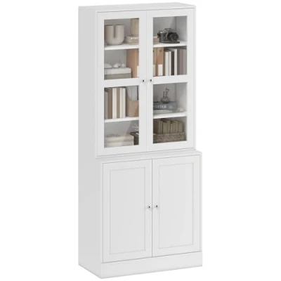 Afbeelding van HOMCOM Vitrinekast met meerdere opslag, 2 glazen deuren, houten 4 verstelbare planken, MDF wit