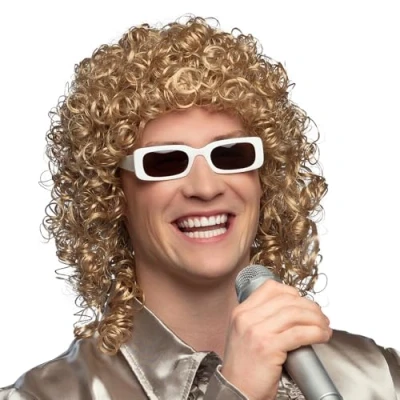 Afbeelding van Boland Pruik Singer Blond Krullen Halflang Mannen Zanger