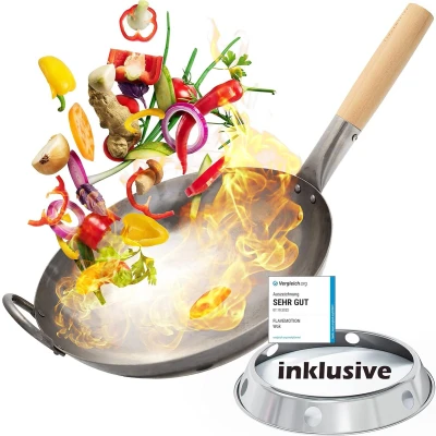 Afbeelding van wok + wokring voor gasfornuis, grill (ronde bodem, 30 cm) met de hand gehamerde koolstofstalen houten handvat en om te staan