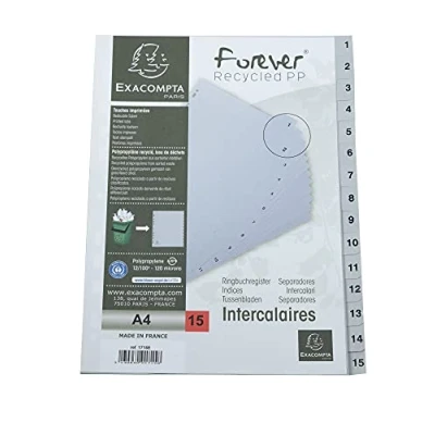 Image de Exacompta Réf 1715E Index imprimés PP Pour documents A4, polypropylène 0,1 mm, pré perforé, doux et résistant aux déchirures 15 intercalaires (1 15) Gris