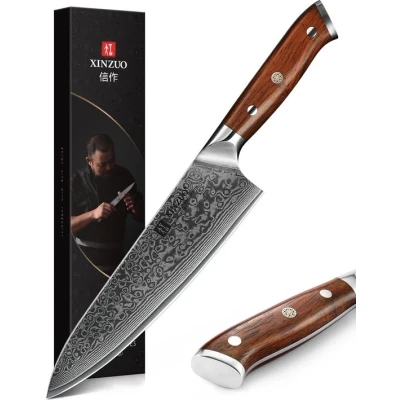 Afbeelding van Damascus Koksmes (67 lagen) Xinzuo B13R Yu Luxe &amp; Professioneel Vlijmscherp staal 34 cm Keukenmes met rozenhouten handvat