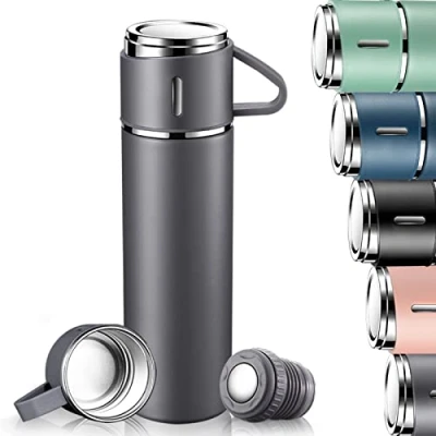 Afbeelding van Thermosfles, 500 ml, met beker en handvat, roestvrij staal, lekvrije thermosfles voor warm koud, vacuüm onderweg, werk, school, sport, kinderen, baby, grijs