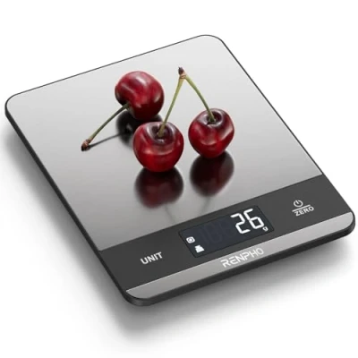 Afbeelding van RENPHO keukenweegschaal 5 kg, met 7 eenheden, digitale weegschaal groot lcd display, grote weegplaat van roestvrij staal, vloeistofmeting, hoge nauwkeurigheid tot 1 g