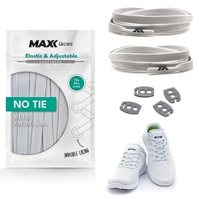 Afbeelding van MAXX laces Elastische veters zonder knopen, rubber, flexibel, plat, comfortabel, eenvoudig, elegant comfort en stevige grip, veters, ideaal voor sneakers, schoenen, Wit