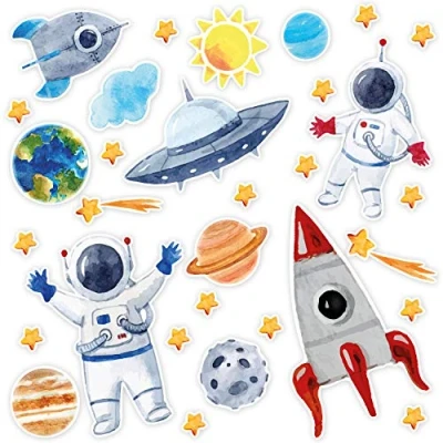 Afbeelding van Stickerset met 31 heelal stickers, DIN A4 vel, zon, maan en sterren, raket, astronauten planeten, voor mobiele telefoon, kinderverjaardag, kinderkamer, schooltas, scrapbooking I kfz_667