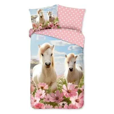 Afbeelding van Good Morning Kinderdekbedovertrek &quot;witte paarden met bloemen&quot; Roze (140x200/220 cm) Katoen