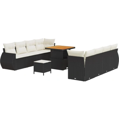 Afbeelding van vidaXL 11 Piece Tuin Sofa Set met Kussens Zwart Poly Rattan Acacia, 3 Eet Acacia