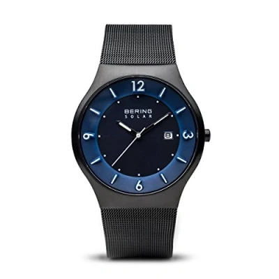 Afbeelding van Bering analoog herenhorloge met polsbandje van roestvrij staal en saffierglas, Zwart/Blauw