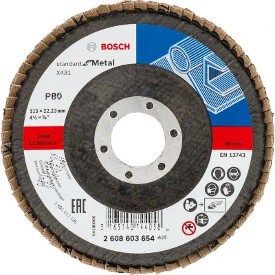 Image de BOSCH 2608603654 disque à lamelles X431 Standard pour métal, diamètre 115 mm, grain 80, version angulaire