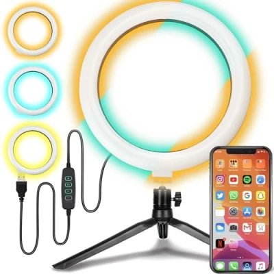 Afbeelding van Retoo Selfie lichtring met statief van 14 cm voor mobiele telefoon afstandsbediening en 3 instelbare kleuren, 7 W led ring oplaadbaar via USB 10 helderheidsniveaus,