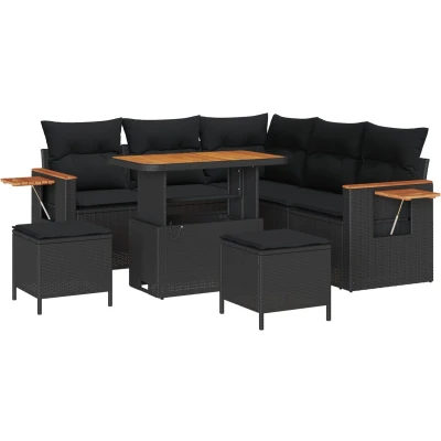 Afbeelding van vidaXL 8 delige tuinsofa set met kussens zwart poly rattan acacia, 3 tuin eetset acacia
