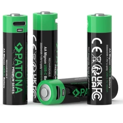 Afbeelding van PATONA Mignon AA 4 stuks 1,5 V/3000 mWh, 2000 mAh, oplaadbaar via USB C (350 mA), oplaadkabel met 2 poorten