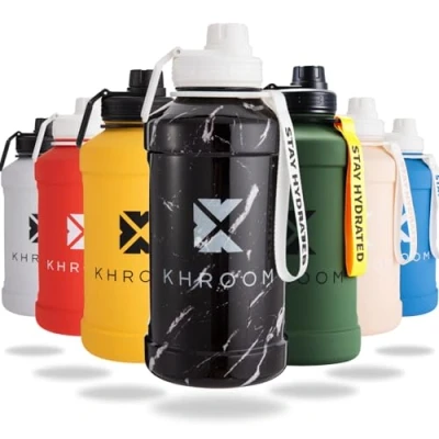 Afbeelding van Khroom Sportfles, 1,3 l en 2,2 l, roestvrijstalen fles, voor koolzuurhoudende dranken, waterdicht, vaatwasmachinebestendig, enkelwandig, BPA vrij, metalen 2 liter, XXL marmer