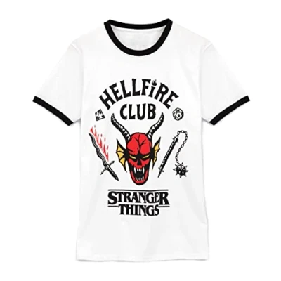 Afbeelding van Stranger Things Hellfire Club T shirt voor dames en heren Hawkins Society Eddie White Adult Outfit Seizoen 4 merchandise, Wit.