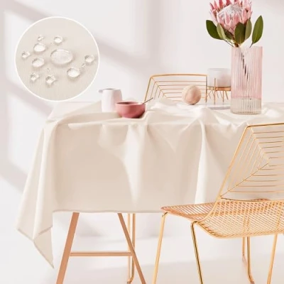 Image de ROOM99 Aura Nappe de table anti taches lavable, imperméable et en polyester Rectangulaire Décoration banquet pour toute l&#039;année Crème 140 x 300 cm