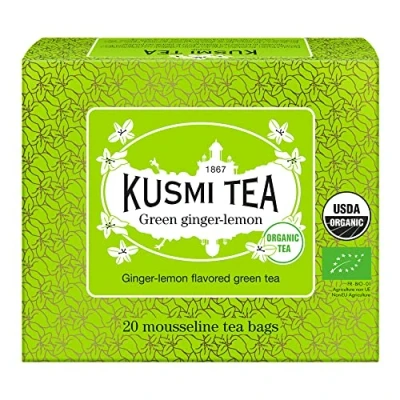 Afbeelding van Kusmi Tea Biologische gember citroen groene thee Theedoos met 20 mousseline zakjes 40 g