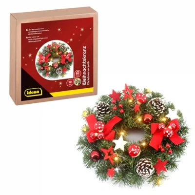 Afbeelding van Idena 30546 Led kerstkrans met lichtketting en 10 leds in warm wit, ca. 30 cm, 6 uur timerfunctie, werkt op batterijen, als deurkrans kerstdecoratie