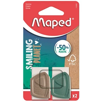 Image de Maped Lot de 2 gommes Précision Smiling Planet Gomme Blanche avec Fourreau composé à 50% Fibres Bois certifiées FSC Sans PVC ni Phtalates Coloris du Bleu et Marron