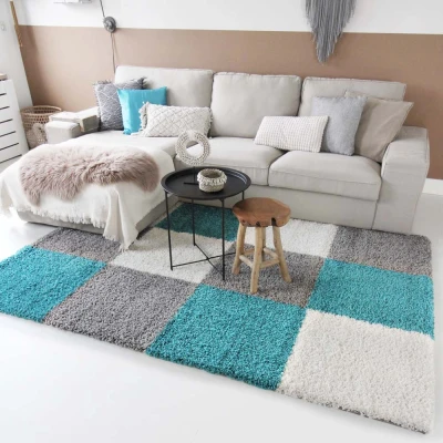Afbeelding van Hoogpolig Tapijt/Vloerkleed Shaggy Trend Blokken Turquoise 160x230 Cm