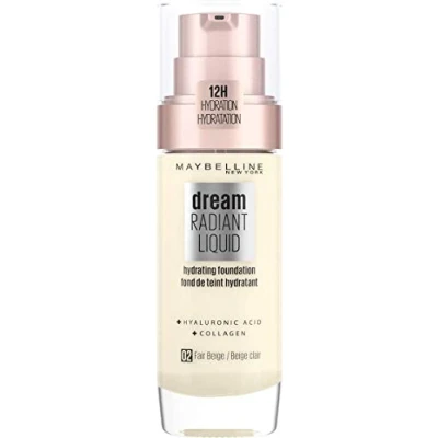 Image de Maybelline Foundation Fond de Teint Hydratant Liquide Dream Radiant avec Acide Hyaluronique et Collagène Couverture Légère Moyenne jusqu&#039;à 12 Heures d&#039;hydratation, 02 Fair Beige