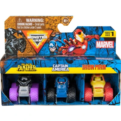Afbeelding van Monster Jam Marvel set met 3 mini trucks metalen monstertrucks van Black Panther, Captain America en Iron Man schaal 1:87
