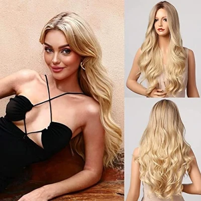 Afbeelding van Honygebia Blonde pruik met middenscheiding, lange golvende pruiken voor vrouwen, hittebestendig synthetisch haar, natuurlijke Halloween, Kerstmis, cosplay