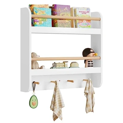 Afbeelding van WOLTU Kinderboekenkast, wandrek voor kinderen, wandboekenkast met 2 niveaus, 4 haken, boeken, speelgoed, wit, 60 x 12 55 cm