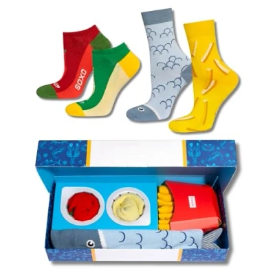 Afbeelding van soxo Fast Food Grappige damessokken, cadeau voor heren, fantasie, sokken, idee, 2 maten, 1 3 paar, Fish And Chips, paar