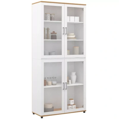 Image de Vitrine buffet haut H. 176 cm VITO 4 portes vitrées blanc et bois