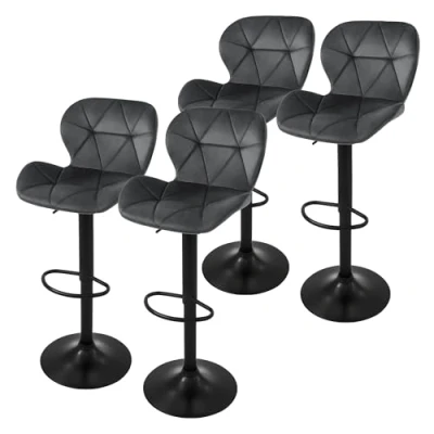 Afbeelding van ML Design barkruk set van 4, fluwelen bekleding, grijs, met rugleuning en voetensteun, baliekruk in hoogte verstelbaar 63 83cm, 360 draaibaar, bistro kruk draaibare barstoelen